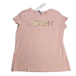 Calvin Klein Logo T-Shirt Womens Small Pink New Studded Gold MOXHH824